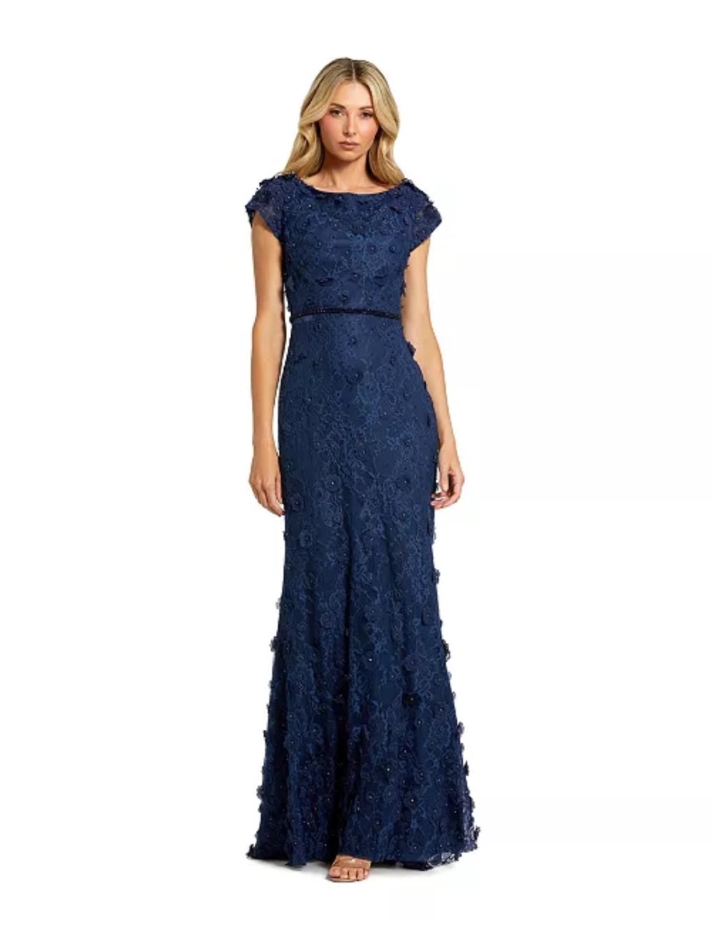 NWT MAC DUGGAL Women's Floral Applique Boat Neck Short Sleeve Gown size 4